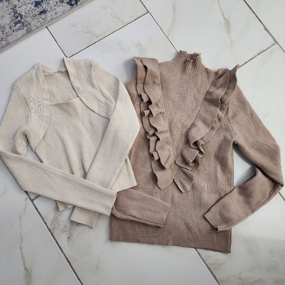 Elegant Cream and Tan Ruffle Sweater